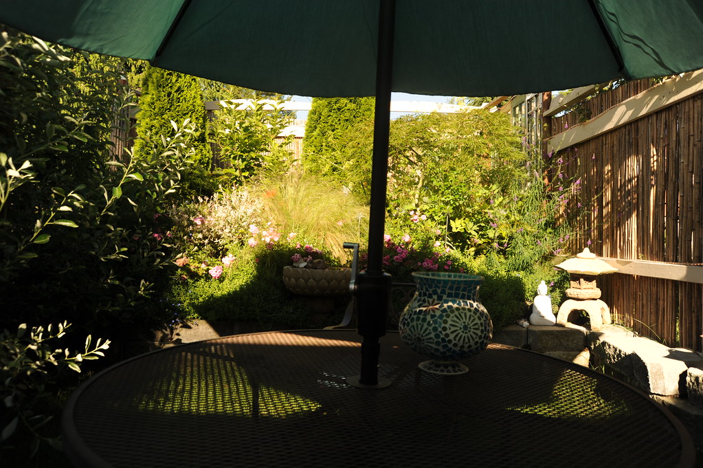 shaded patio to avoid extreme heat with umbrella