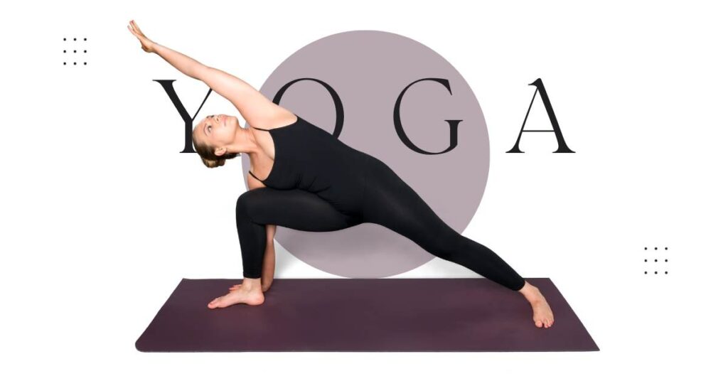 woman on yoga mat for sweaty hands in extended pose with word yoga behind her