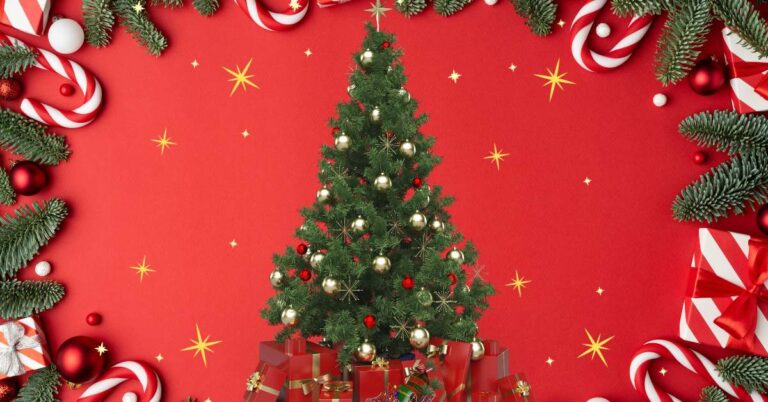 non toxic christmas tree on red background with presents and candy canes