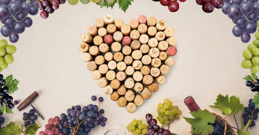 can you compost cork. photo of corks lined up in heart shape near grapes of different colors