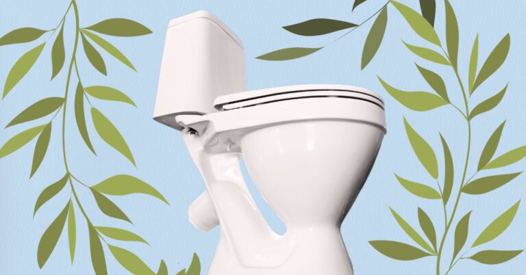 eco friendly automatic toilet bowl cleaner. a toilet bowl and a blue background with green leaves.