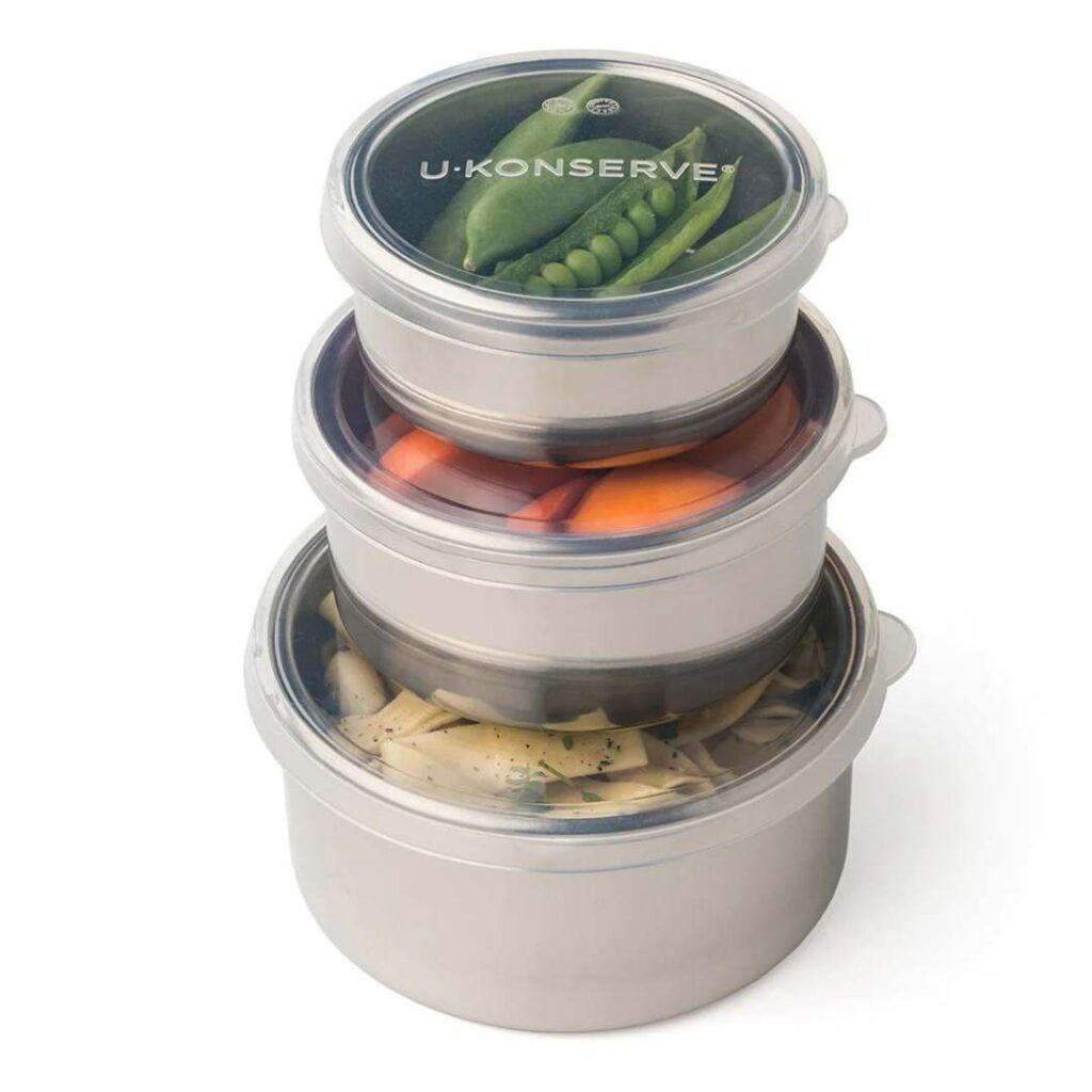 non toxic food storage containers three stacked from large to small made of stainless steel with clear silicone lids