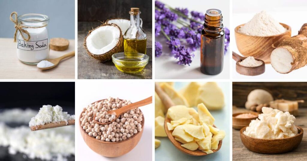 non toxic eco friendly deodorant ingredients. photos of baking soda, coconut oil, essential oil, arrowroot, shea butter, tapioca, cocoa butter