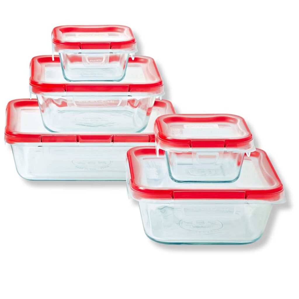 glass storage containers with plastic lids with a red border. tops snap on.