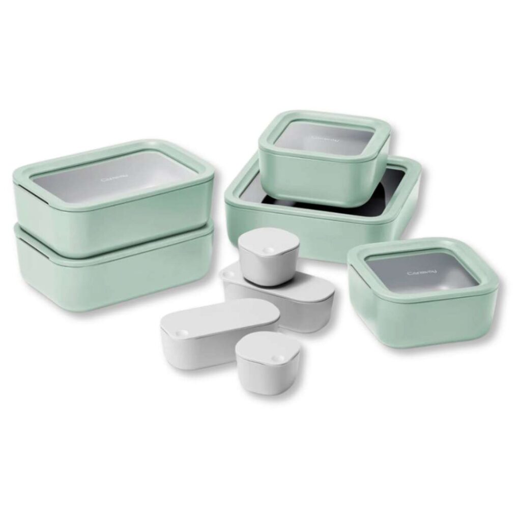 pale green food storage containers with ceramic over glass interiors and clear see through lids