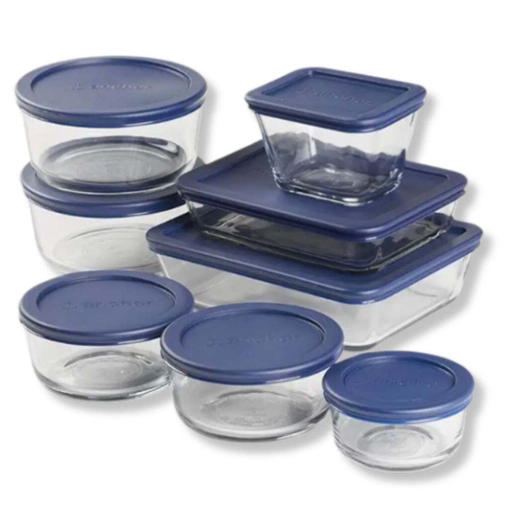 glass storage containers with blue plastic lids