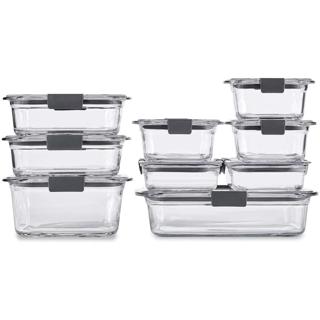 grey non toxic glass storage containers stacked up with clear lids that have snap locks