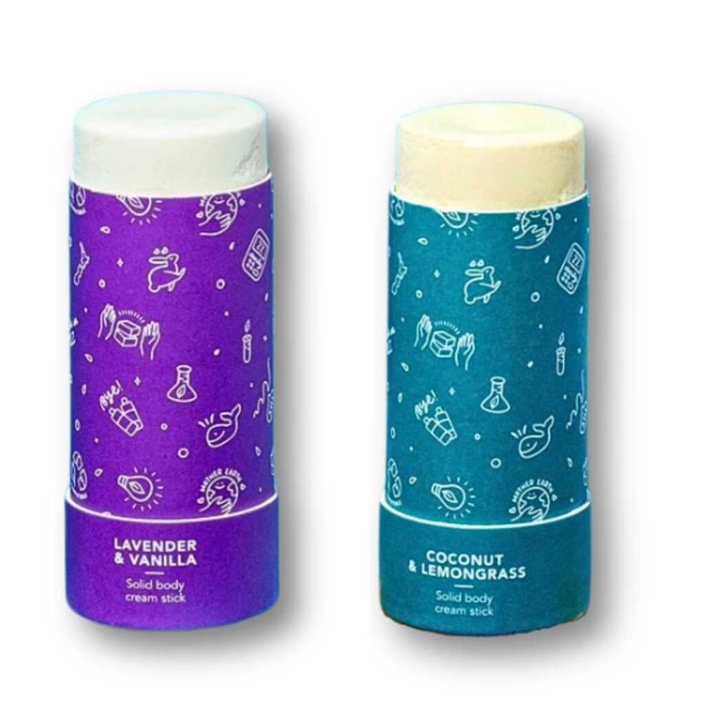eco-friendly ethique deoderant in purple and blue paper tubes