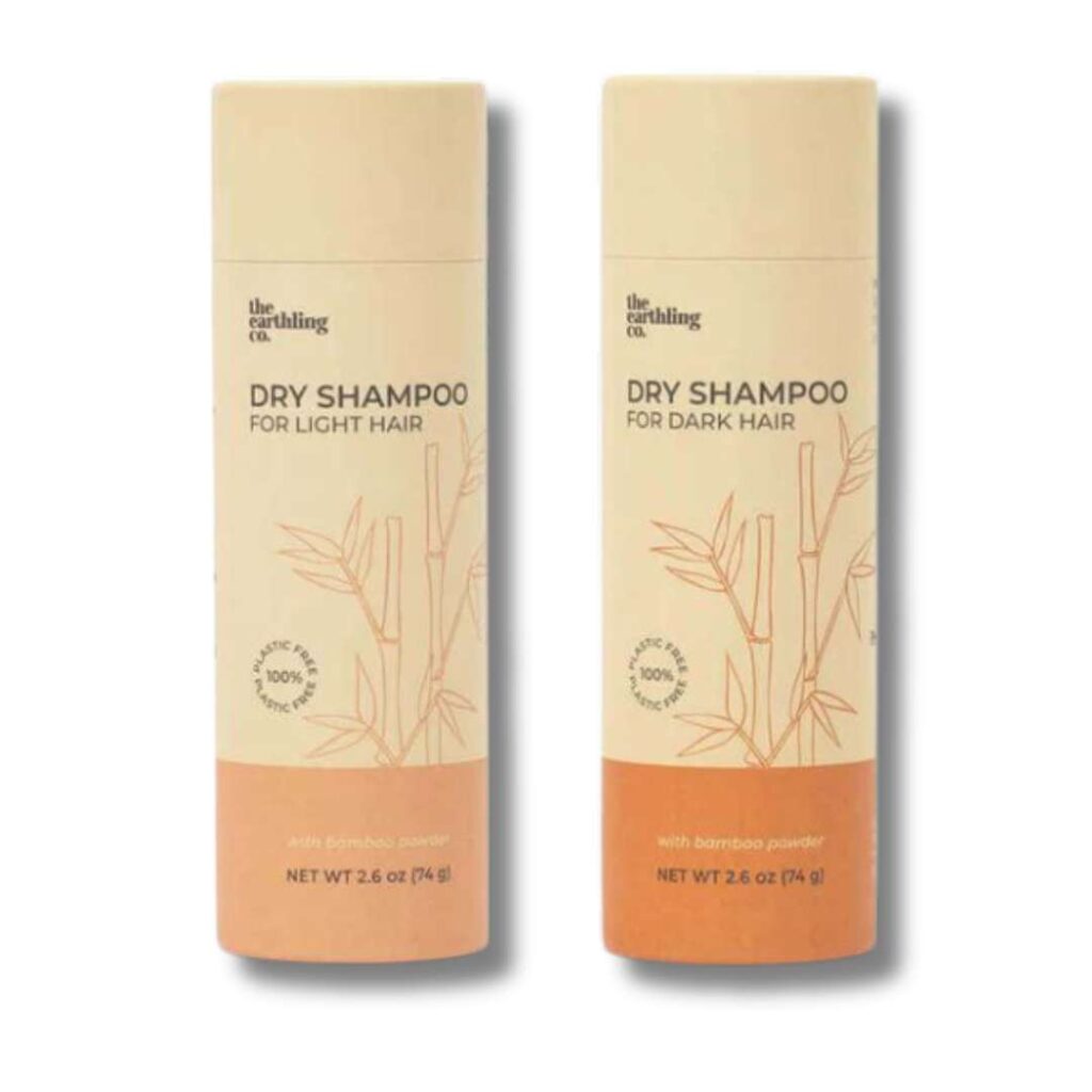 sustainable dry shampoo in recyclable cardboard tubes, one for light hair and one for dark hair