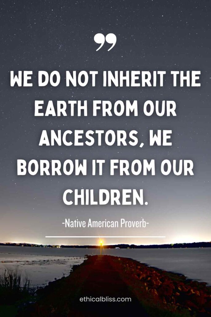 sustainability quote that says we do not inherit the earth from our ancestors, we borrow it from our children. It's an image of land, then water and a huge sky with a sunset.