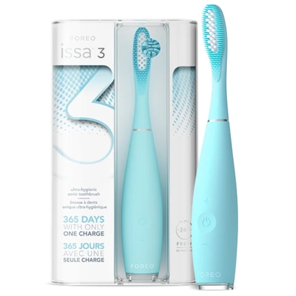 eco friendly electric toothbrush in blue with a blue and white head